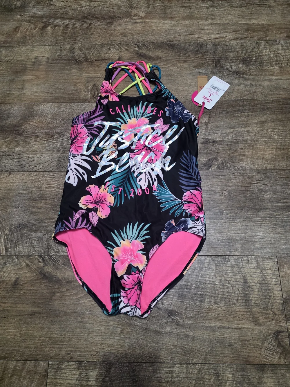 Justice Girls' Tropical Floral One-Piece Swimsuit Pink Accents Size Large 12/14